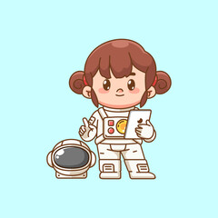 Cute girl astronaut with tablet kawaii chibi character mascot illustration outline style