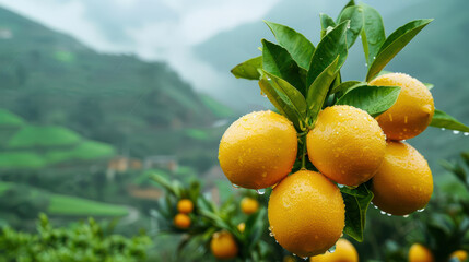Stunning View of Lush Green Hills with Ripe Lemons Hanging from an Orange Tree Branch, A Delightful Charm Geography Vista