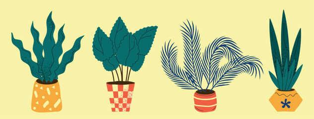 Botanical plant illustrations in decorative pots