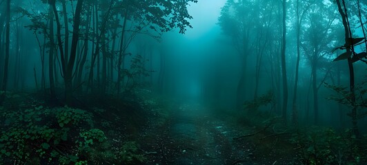 Mysterious Foggy Forest Path at Night