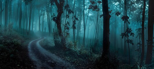 Fototapeta premium Mysterious Foggy Forest Path at Night