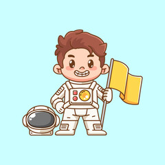 Cute boy astronaut holding flag kawaii chibi character mascot illustration outline style