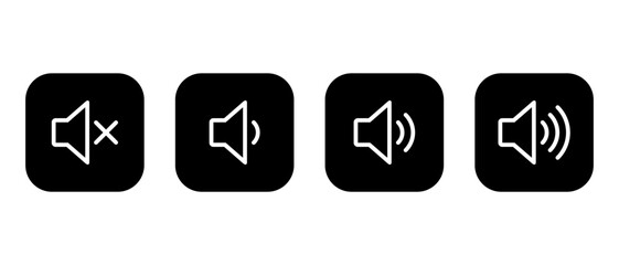 Speaker volume icon set on black square. Level sound button