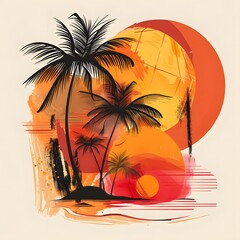 Retro Vacation Vibes: Hand-Drawn Illustration of Palm Tree in Orange Sunset Sky