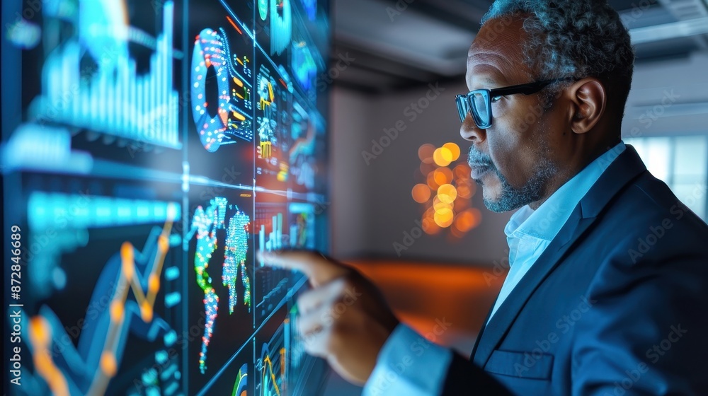 Poster businessman analyzing data on a digital display. concept of technology, data visualization, and mode