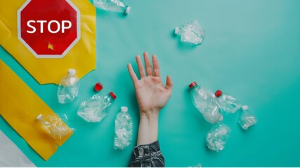 Fototapeta premium Female hand with plastic garbage and stop sign on color background. Ecology concept
