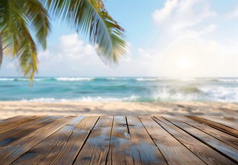 Fototapeta premium Wooden Tabletop Tropical Beach Background