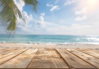 Fototapeta premium Wooden Tabletop with Tropical Beach Background