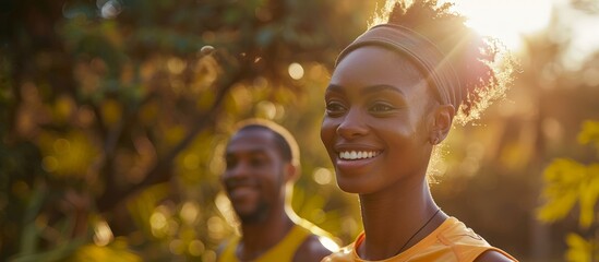 Fototapeta premium Happy Sporty Couple Warming Up Outdoors for Marathon in Bright Sunlight
