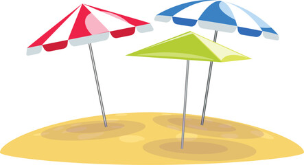 Obraz premium Three colorful beach umbrellas standing on a sunny beach