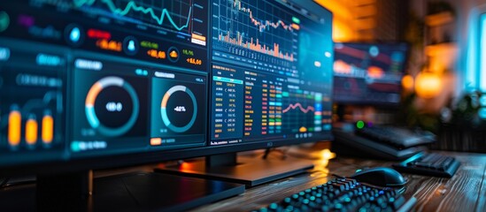 Fototapeta premium Global Financial Dashboard: Real-Time Economic Statistics and Trading Data on Computer Screen
