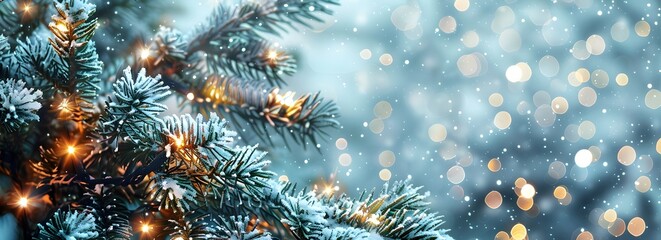 Snowy Fir Tree with Glowing Lights - Winter Background