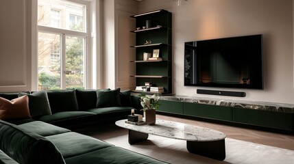 An elegant luxury TV lounge featuring a dark green velvet sectional sofa