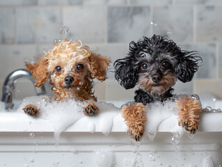 Two cute poodles dogs  taking bath in a large white Cambridge cast iron double-ended clawfoot tub, overflowing bubbles, bubbles in the air.