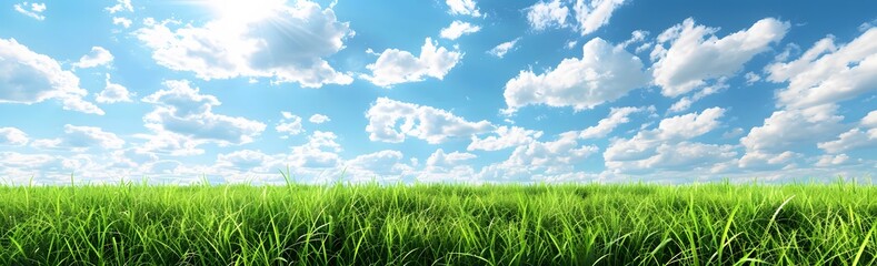 Fototapeta premium Green Grass Meadow with Blue Sky and Clouds