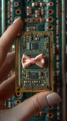 Computer chip with a tiny pink bow held inside hand of person with white skin, women in computer science concept