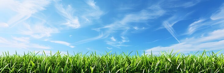 Obraz premium Panoramic View of Green Grass and Blue Sky