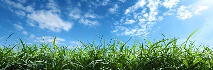 Obraz premium Green Grass Field Against Blue Sky Panoramic View