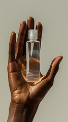 Empty cosmetic bottle inside the palm of a hand, dark skin against grey wall, beauty product mockup
