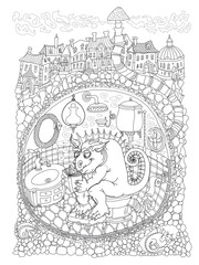 Fototapeta premium Fairy tale medieval town street and underground Dragon apartment cave with bathroom. Vector thin line illustration for coloring book