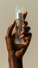 Beauty product mockup see-through cosmetic skin care bottle held by person with dark skin, elegant hand holding empty flask