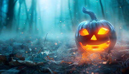 Glowing Jack-O-Lantern in Foggy Forest