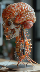 Human brain and skull merged with wires and digital technology, anatomic specimen, future of medical science concept