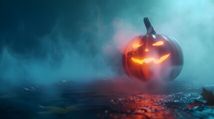 Spooky Halloween Pumpkin with Glowing Face in Fog