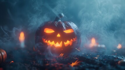 Naklejka premium Spooky Halloween Pumpkin In Foggy Night