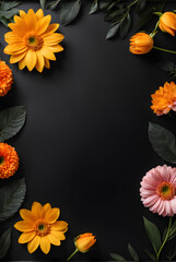 Obraz premium Flowers composition. Frame made of beautiful flowers on black background. Flat lay, top view, copy space