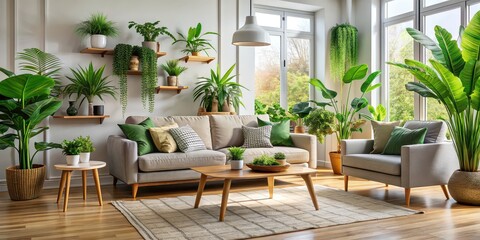 Interior of living room with lush green houseplants and cozy sofas, green, houseplants, sofas, interior