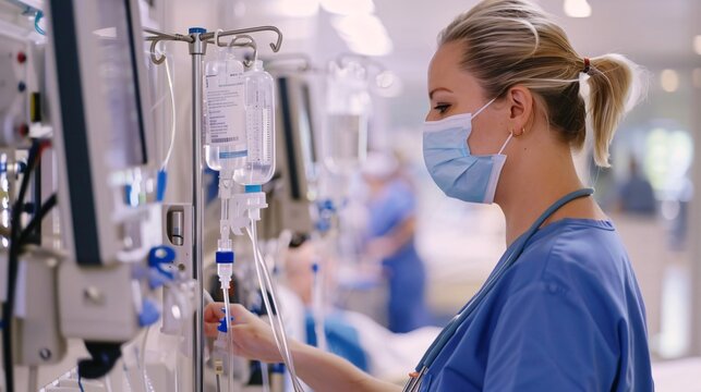 Close up shot of a nurse checking IV drips and monitoring equipment in a hospital ward, with patients in the background