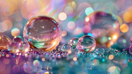 A close-up of bubbles resting on a surface, with their shiny, reflective surfaces creating a mesmerizing effect.