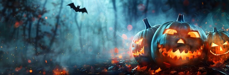 Naklejka premium Spooky Halloween Pumpkins In Foggy Forest