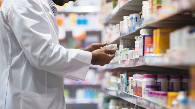 Close up shot of the pharmacist measuring and preparing medication in a modern pharmacy setting, with shelves of medicines in the background - Powered by Adobe