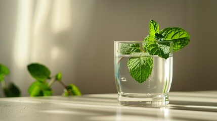 A glass of water with a couple of mint leaves, set on a plain, light surface with soft lighting