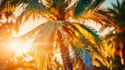 Tropical background. Palm trees on sky background.