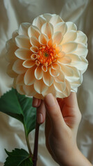 Dahlia flower delicately held by a woman's hand, big geometric flower against a fabric backdrop