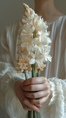 Person holding a white hyacinth flower bouquet, wearing a white blouse with bell sleeves, dreamy romantic floral photography