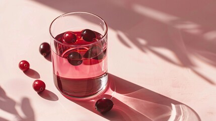 A minimalist glass of cranberry juice with a few cranberries floating, placed on a plain, light-colored surface