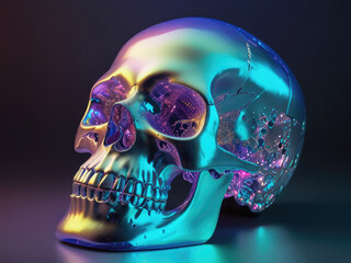 Metallic scull. Holographic illustration.