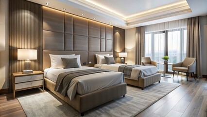 Modern minimalist bedroom in luxury hotel with comfortable single beds, luxury, hotel, modern