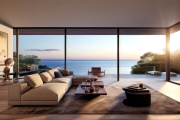 Modern living room interior with ocean behind the window. 