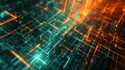 A minimalistic tech template with a Plexus background in orange and teal, clean lines, ultra HD quality