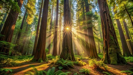 Fototapeta premium Sunlight filtering through ancient redwood trees in a lush green forest floor, redwoods, sunlight, trees, towering, canopy, ancient