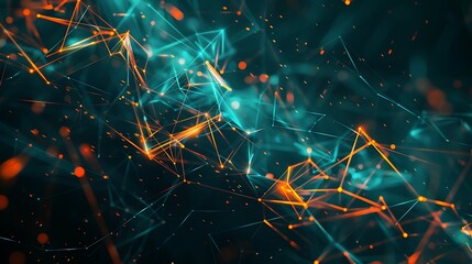 A minimalistic tech template with a Plexus background in orange and teal, clean lines, ultra HD quality