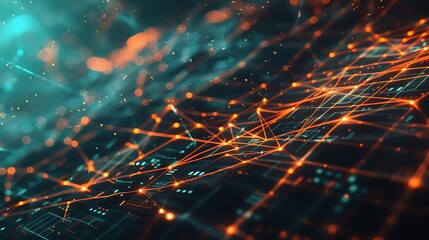 A minimalistic tech template with a Plexus background in orange and teal, clean lines, ultra HD quality