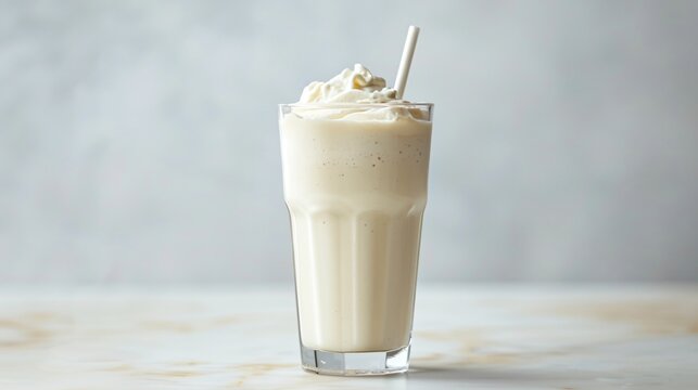 A plain glass of vanilla milkshake with a single straw, placed on a clean, light background