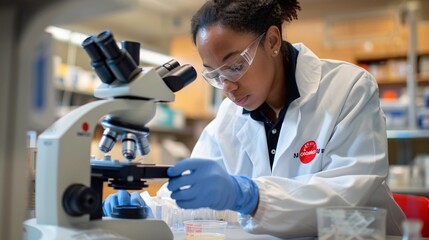 A researcher wearing a lab coat and gloves, handling a petri dish under a microscope, surrounded by laboratory equipment and chemical reagents