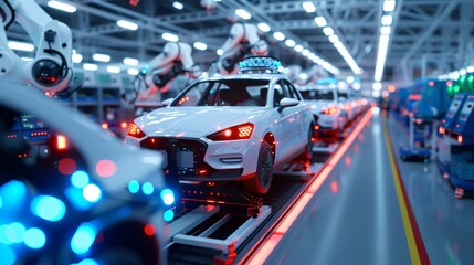 Naklejka premium Expansive shot of a futuristic factory, featuring rows of advanced automation equipment and smart manufacturing technologies. The scene is illuminated by ambient lighting, emphasizing the precision